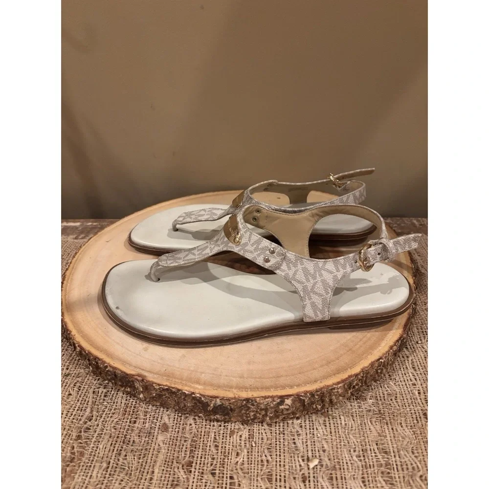 Michael Kors Women's MK Plate Logo Thong Flat Sandal - Vanilla - Canvas Logo 9.5